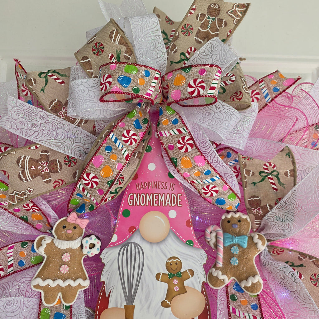 Pink Gingerbread Gnome Christmas Wreath