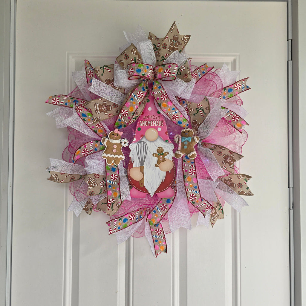 Pink Gingerbread Gnome Christmas Wreath