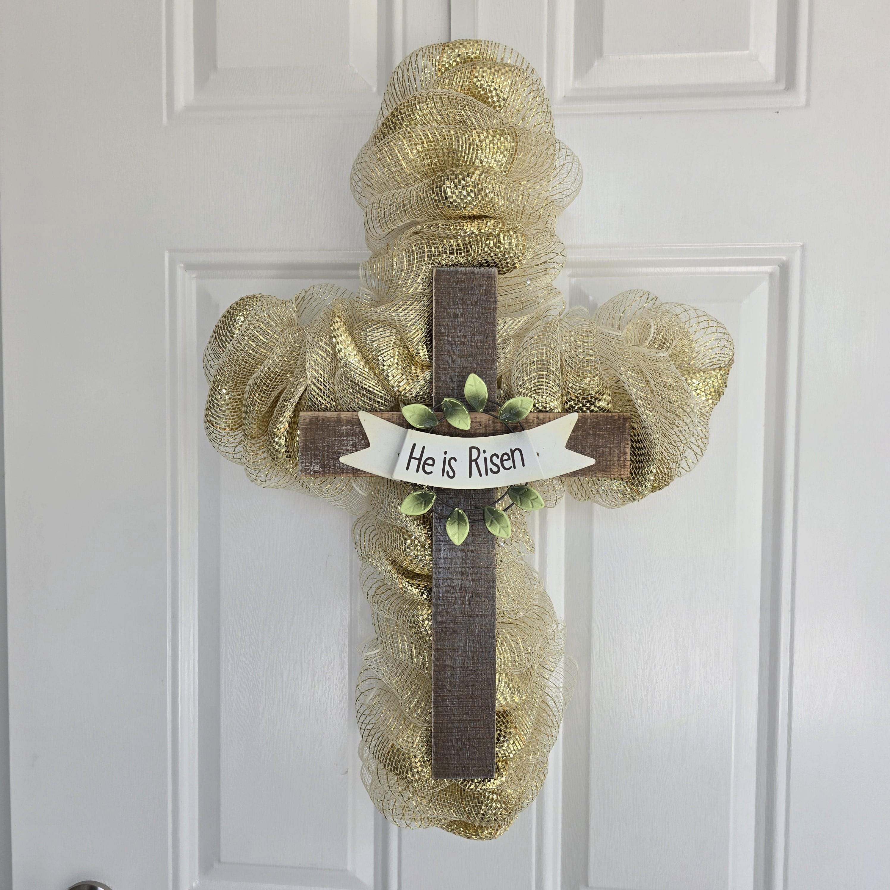 He Is Risen Gold Cross Wreath