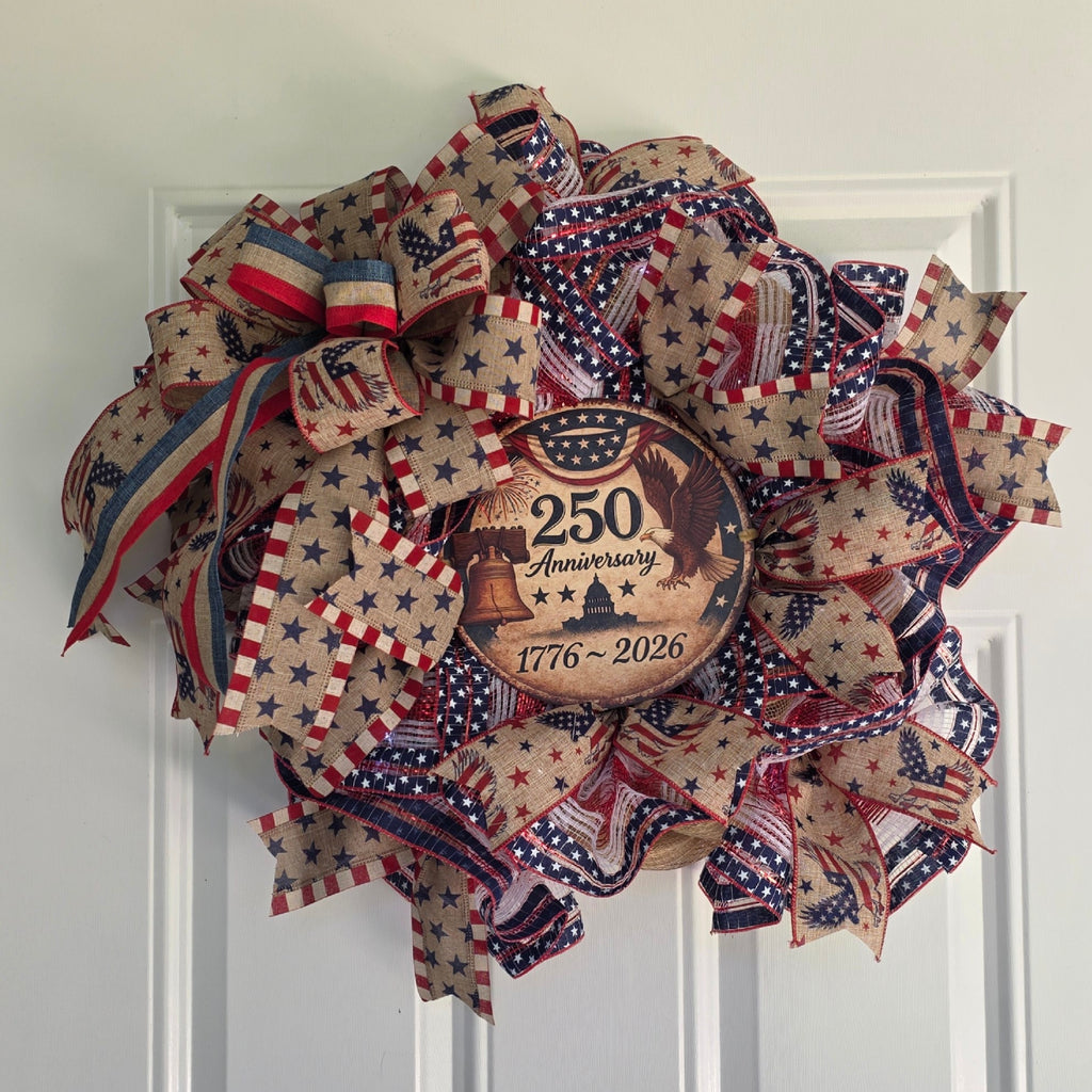 America 250th Anniversary wreath full view on white door