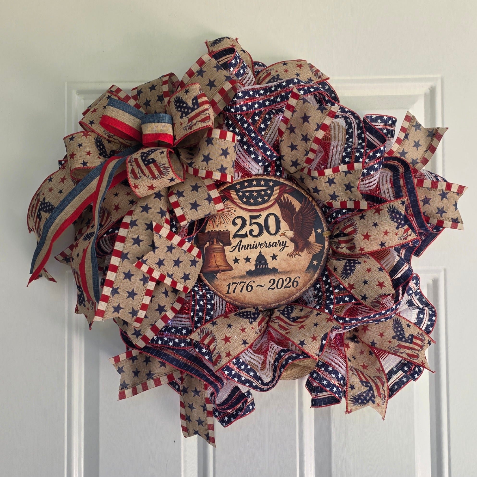 America 250th Anniversary wreath full view on white door