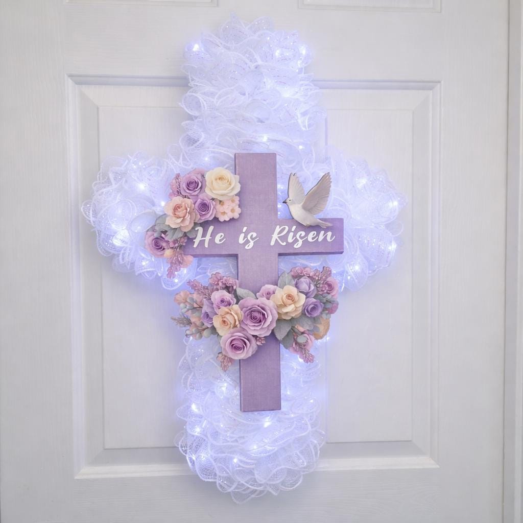 He Is Risen Floral Cross Wreath