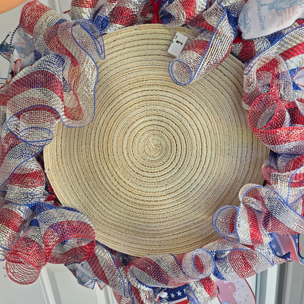 Back view of patriotic fireworks wreath construction