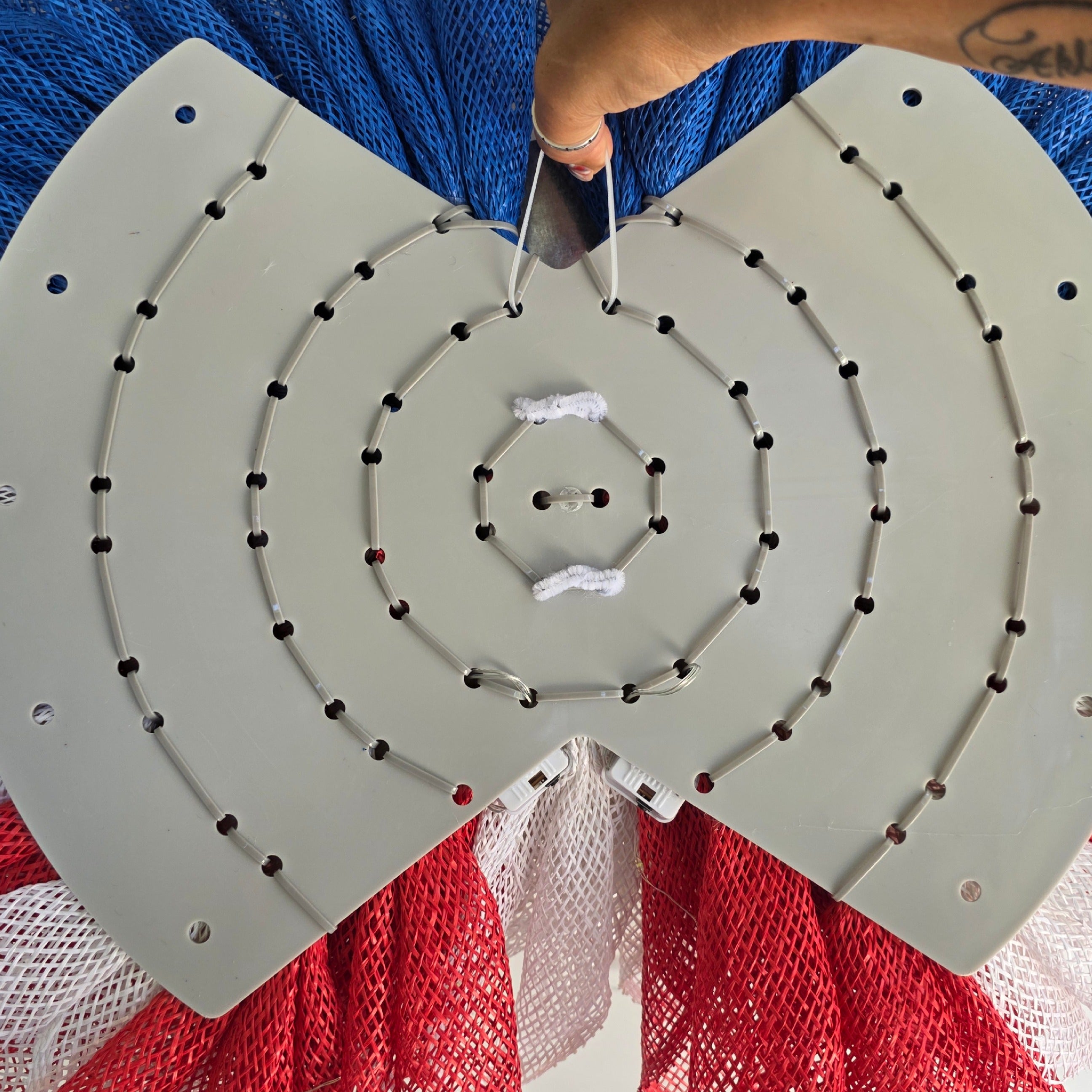 Back view showing UITC Wing board construction and fairy light battery pack