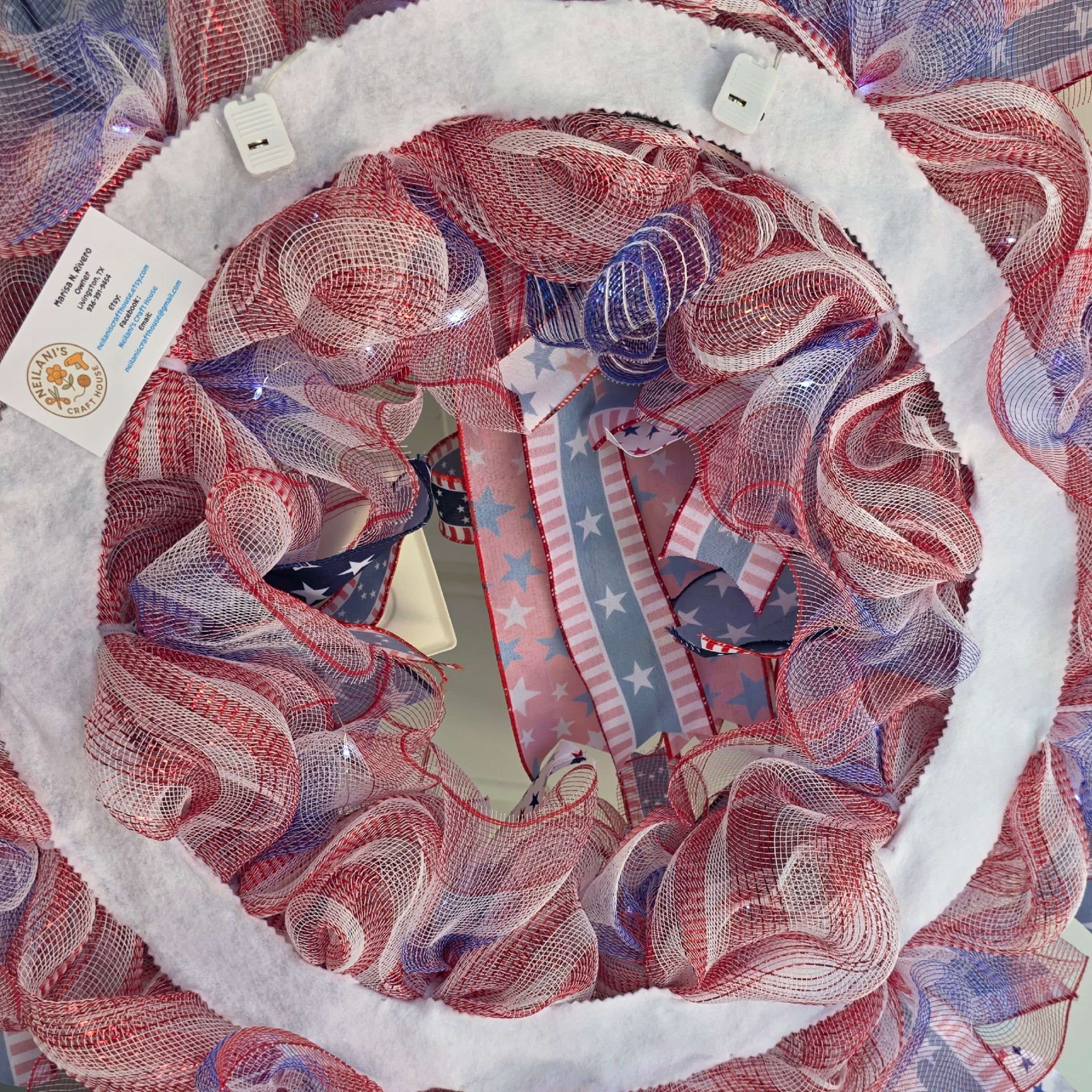 Back view of One Nation Under God patriotic wreath construction on 20 inch wire frame