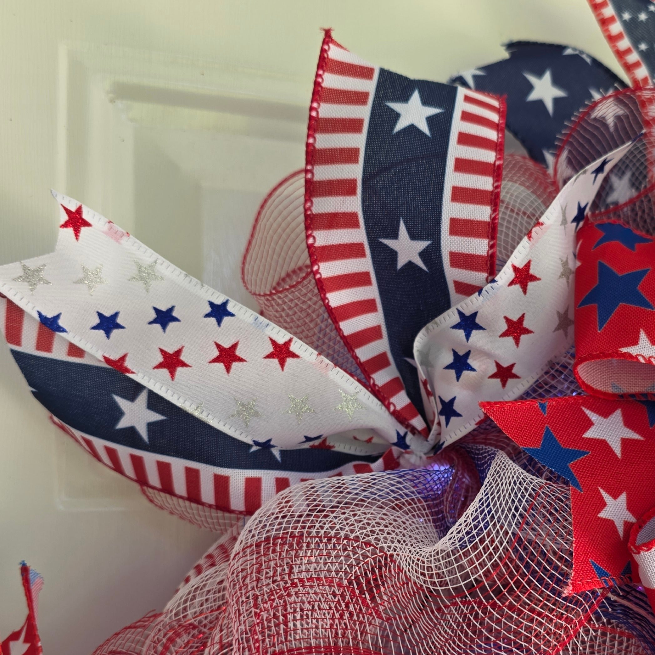 Close-up of navy blue middle ribbon with star print detail
