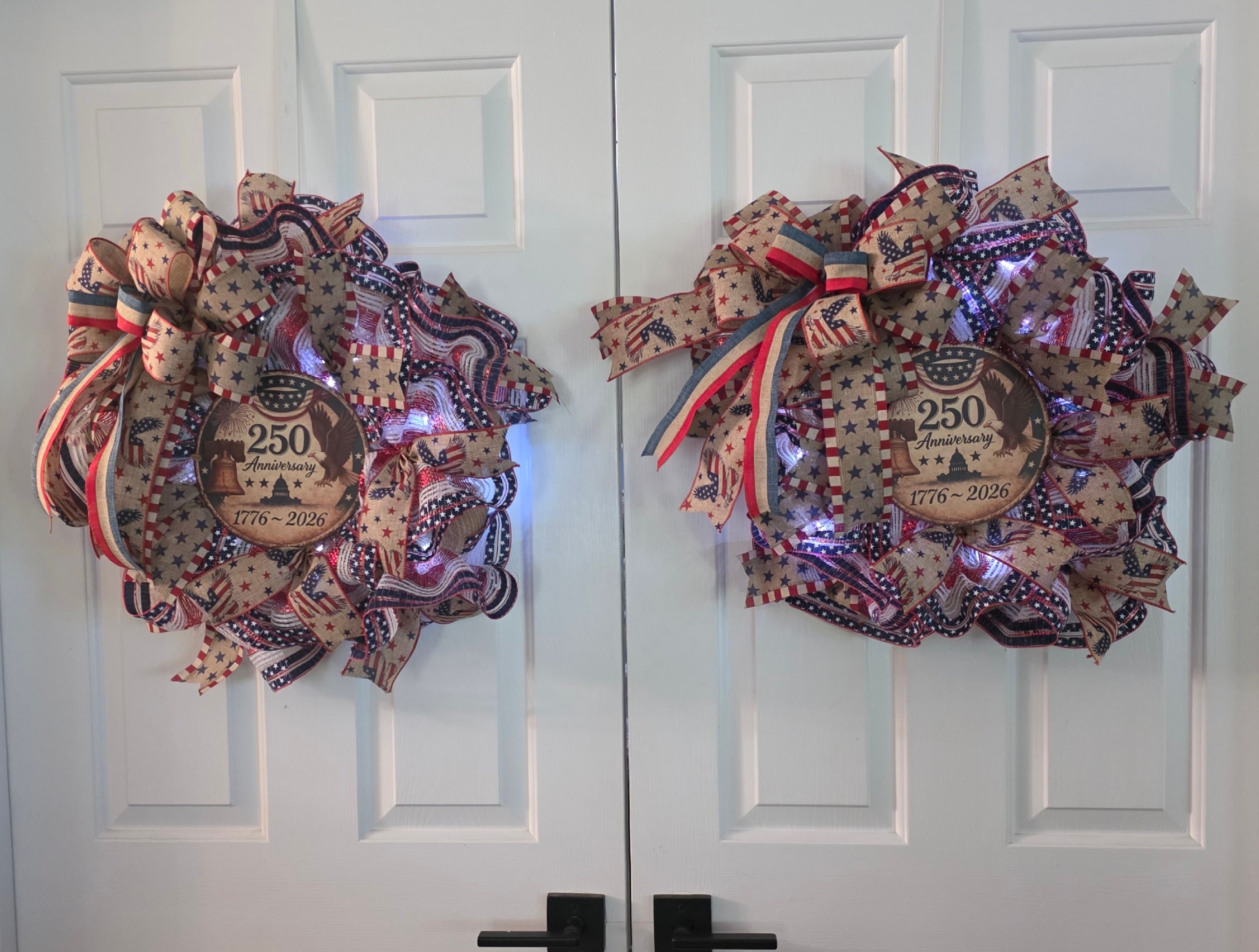 America 250th Anniversary wreath full view showing all ribbons and center sign