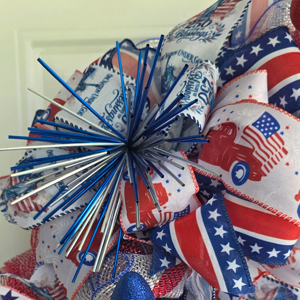 Second bow detail showing One Nation Under God and 250 Blessings ribbon