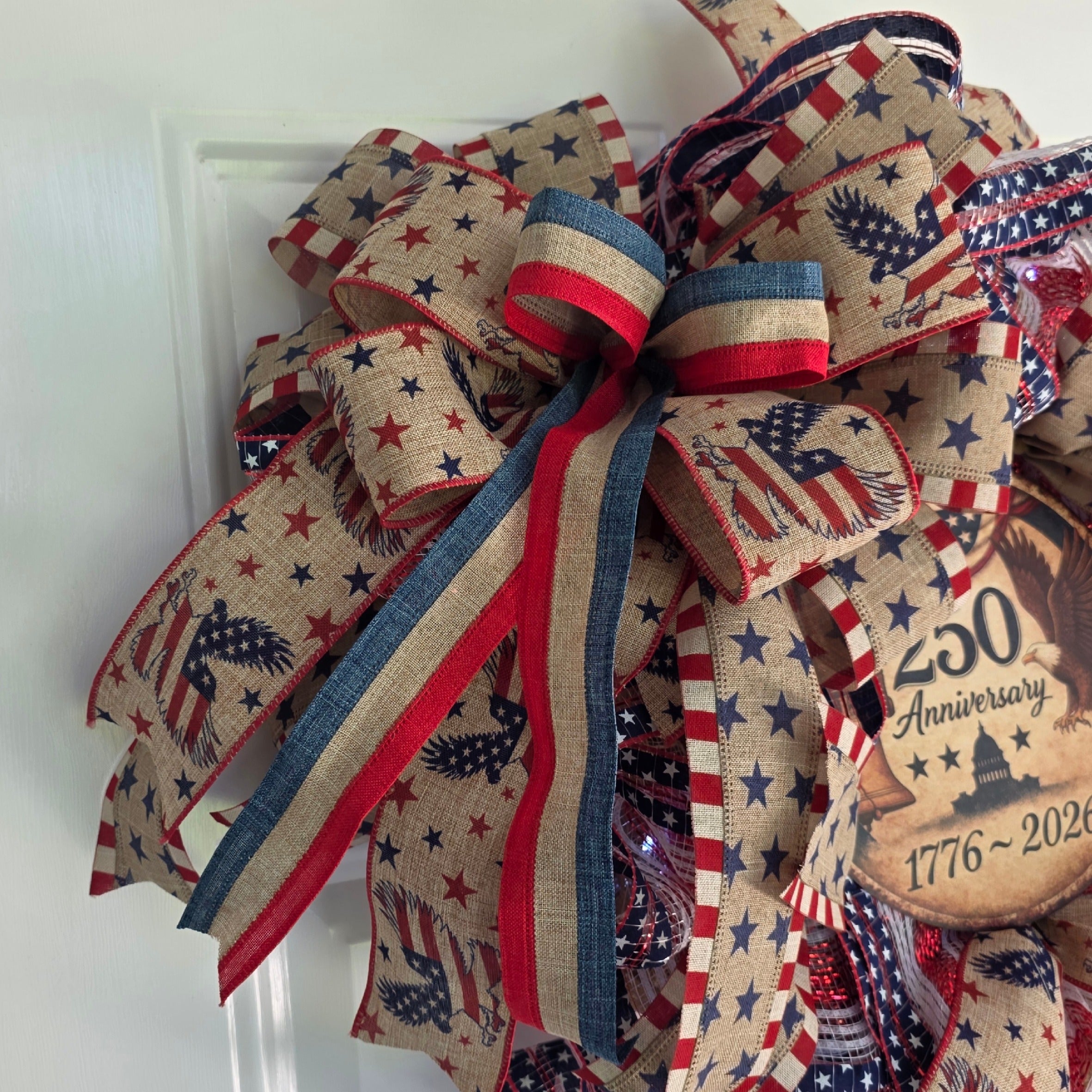 Top bow detail with burlap eagle ribbon and red-white-blue stripe