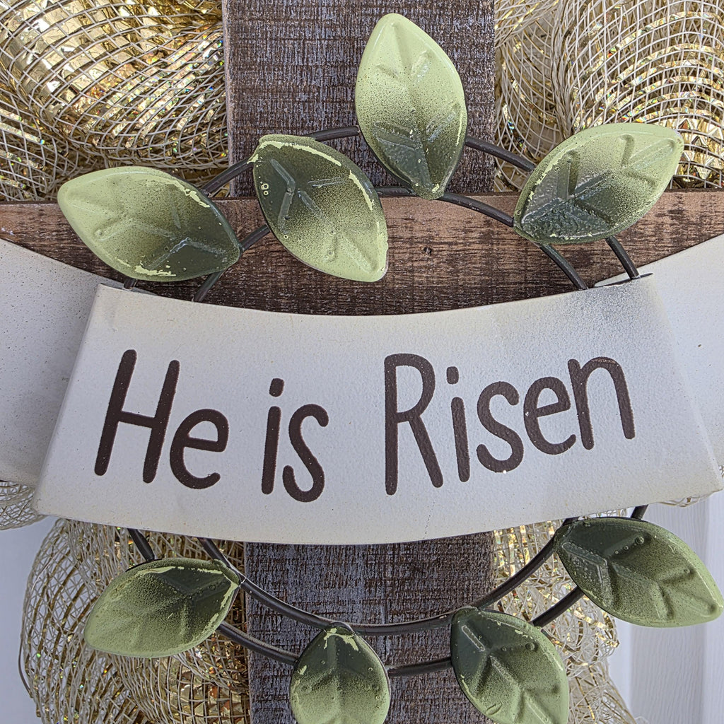He Is Risen Gold Cross Wreath