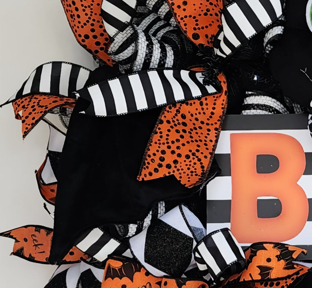 BOO Halloween Witch Cat Wreath - orange and black ribbon layers