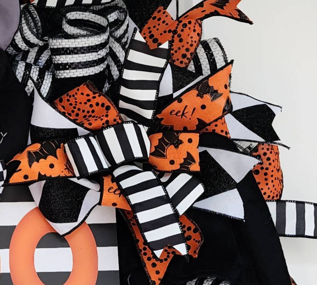 BOO Halloween Witch Cat Wreath - witch legs with striped stockings and black shoes