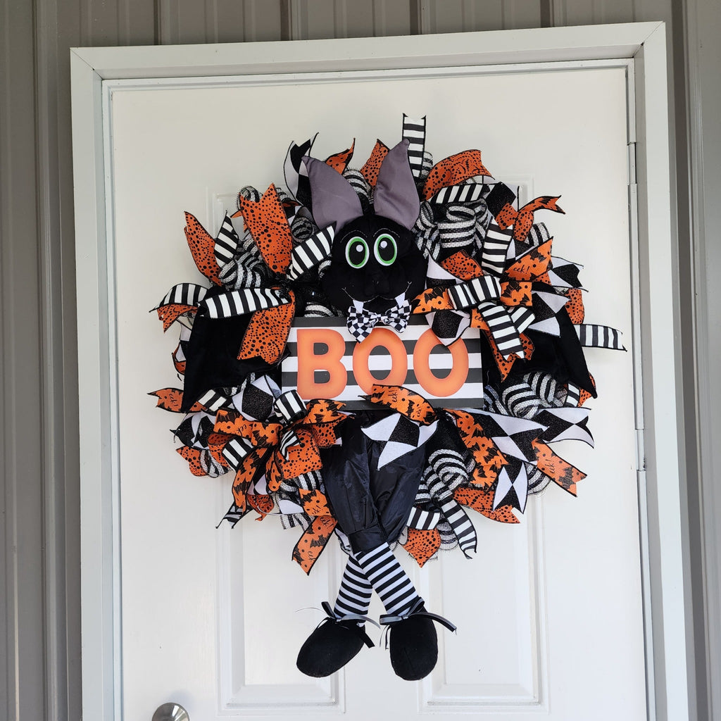 BOO Halloween Witch Cat Wreath on front door - full view