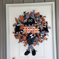 BOO Halloween Witch Cat Wreath on front door - full view