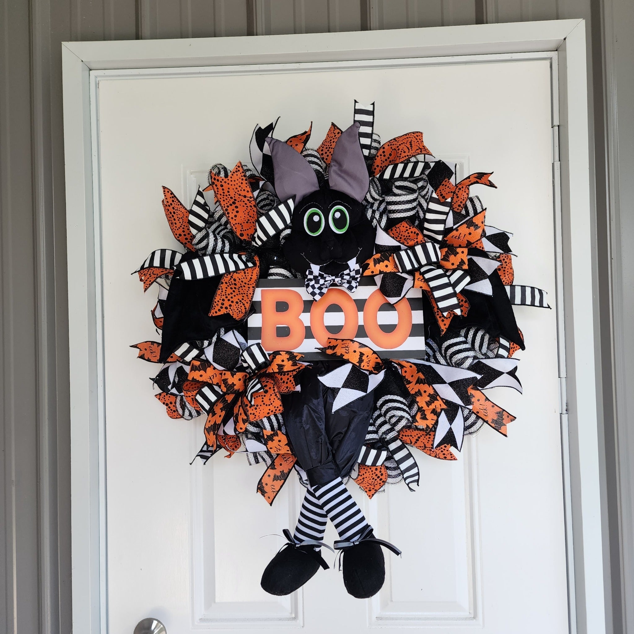 BOO Halloween Witch Cat Wreath on front door - full view