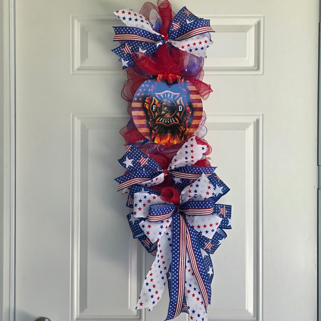 Fire and Rescue patriotic door swag full front view on white door