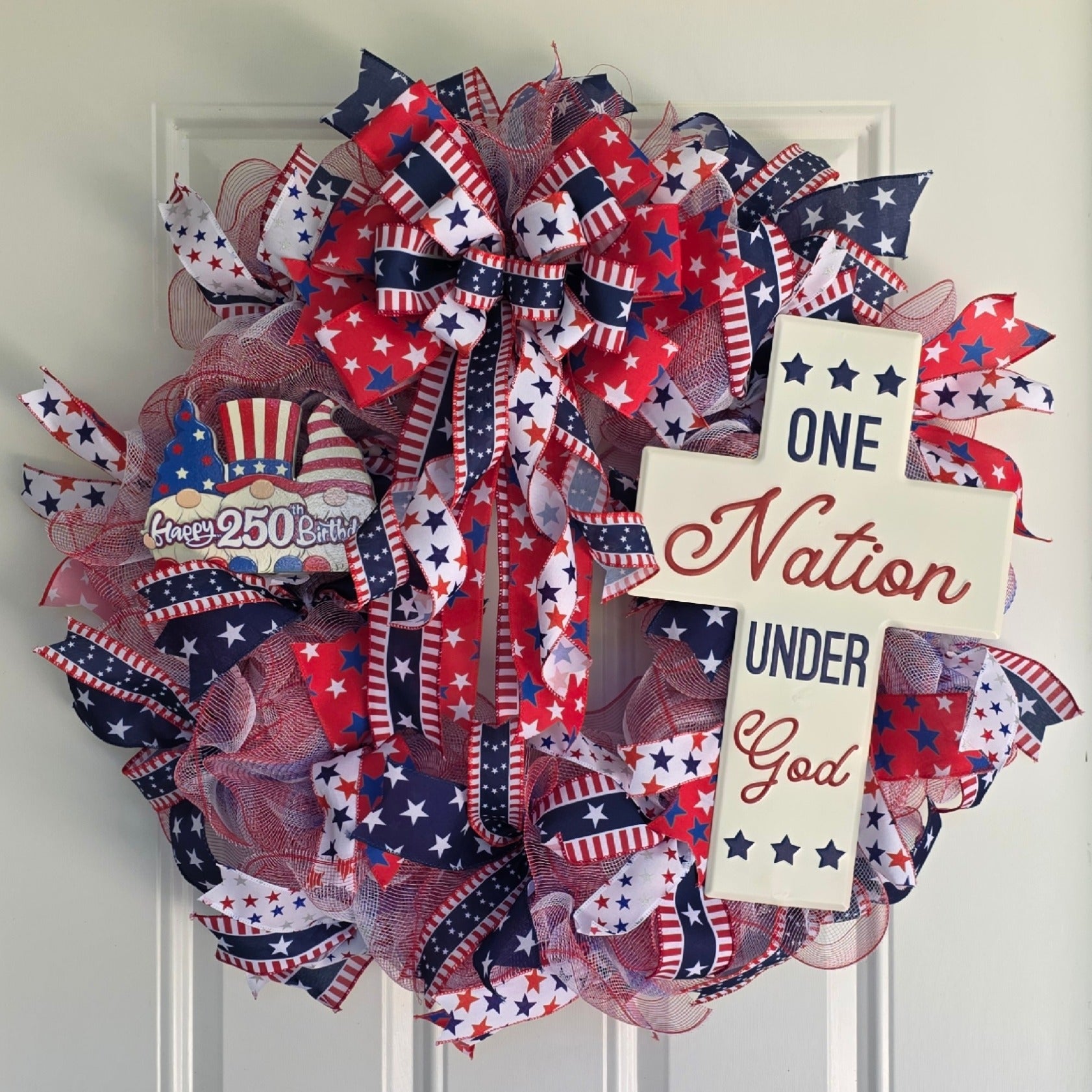 One Nation Under God patriotic wreath full front view on white door