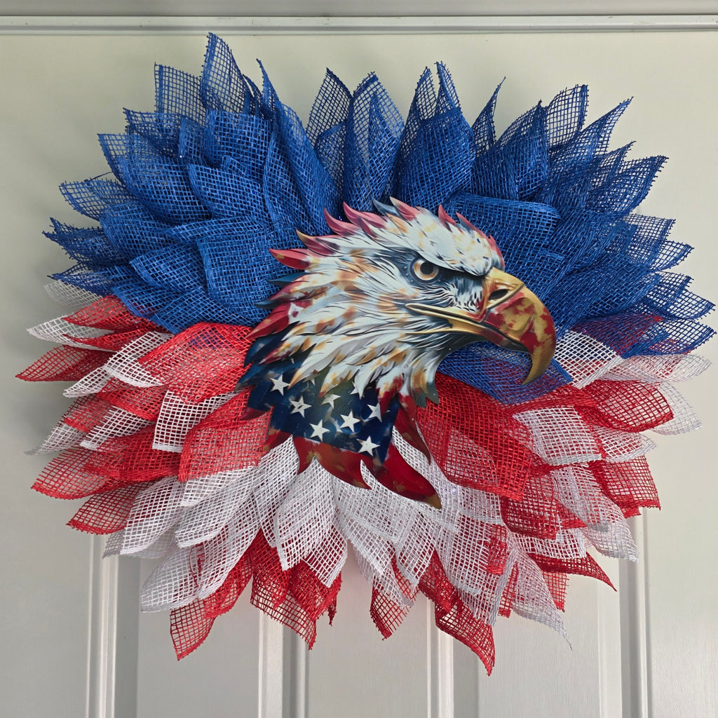 Patriotic bald eagle wreath full front view on white door