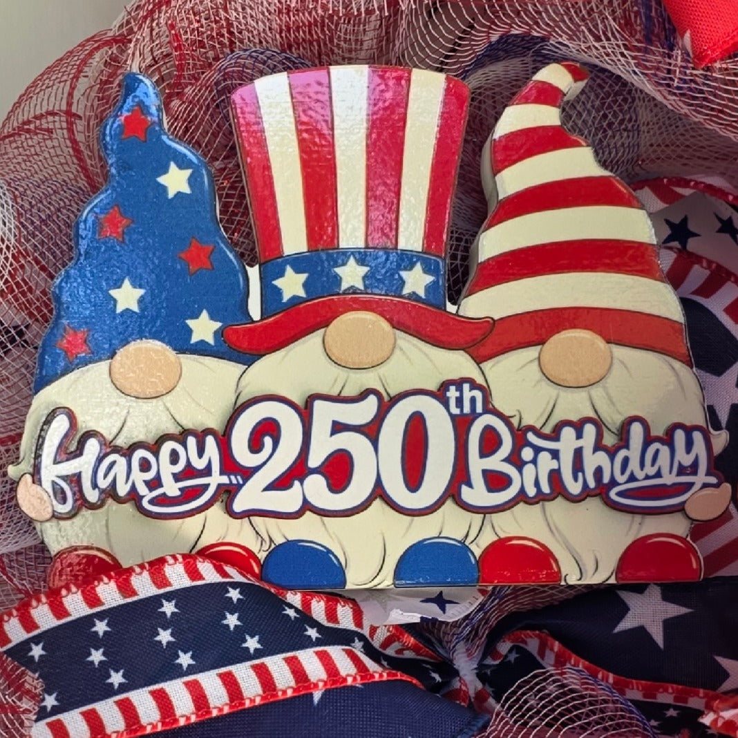 Close-up of Happy 250th Birthday patriotic gnome pick with Uncle Sam hat