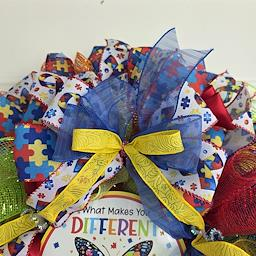 Autism Awareness Wreath - full front view with sign