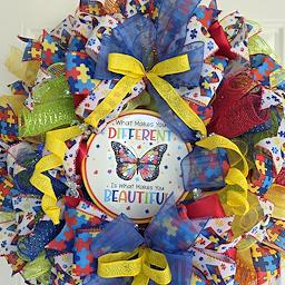 Autism Awareness Wreath - puzzle piece ribbon and mesh detail