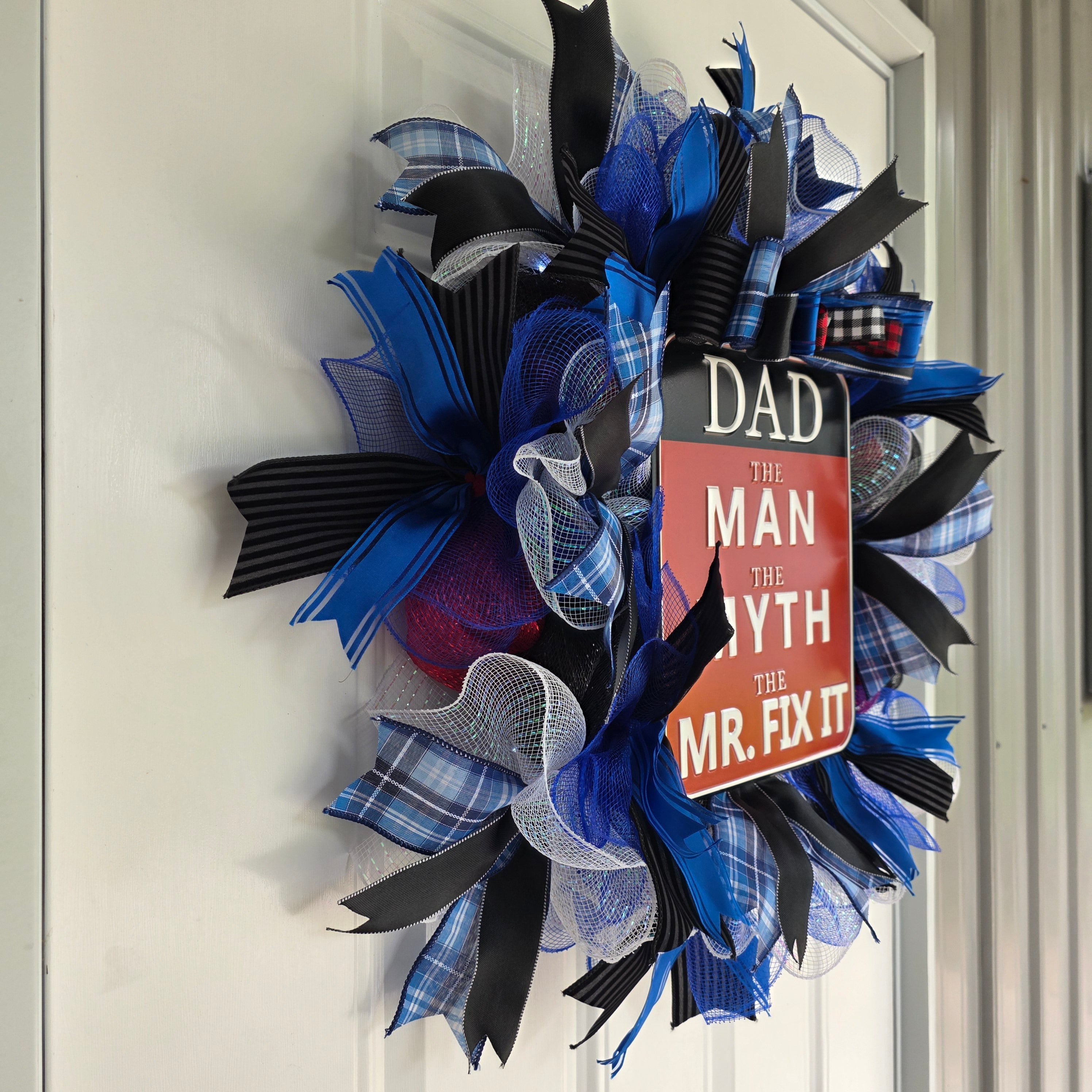 Dad The Man The Myth The Mr. Fix It Wreath – Blue, Red, Black & White