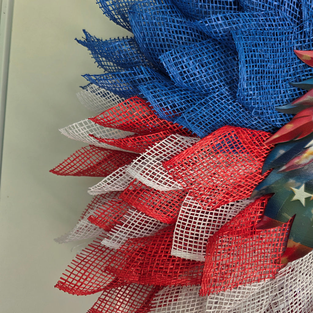 Close-up of layered red white and blue deco mesh detail