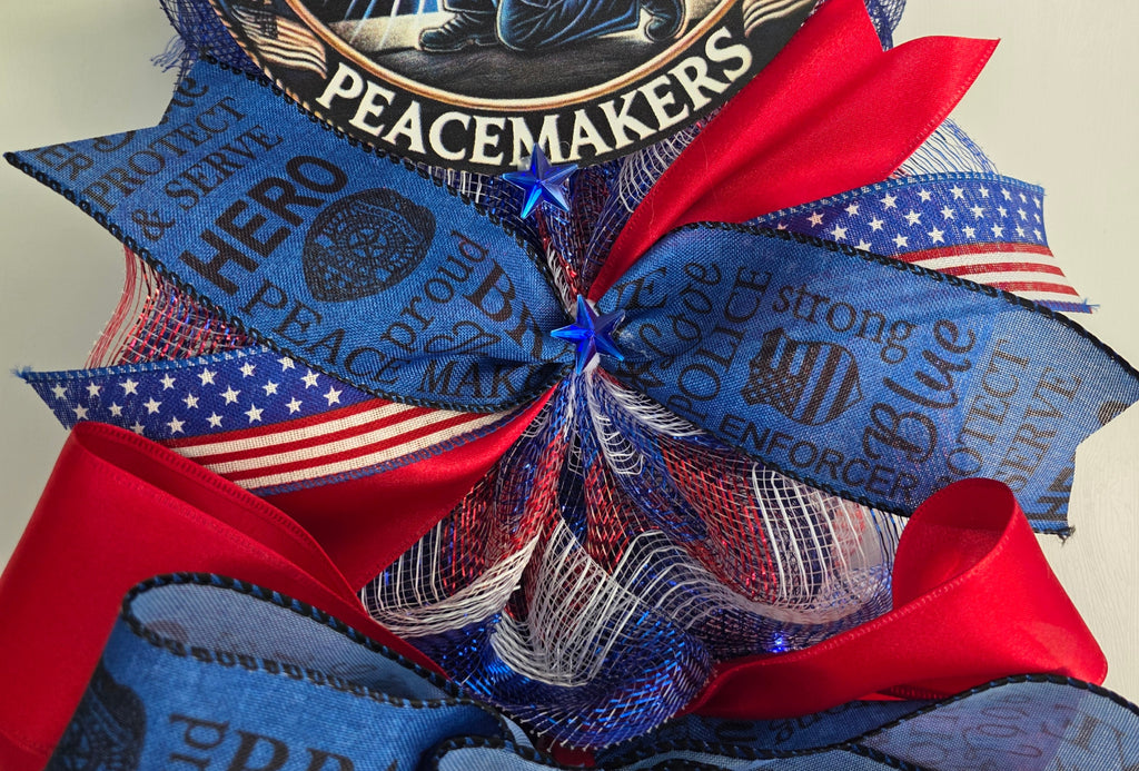 Middle ribbon detail with law enforcement word ribbon and red satin ribbon