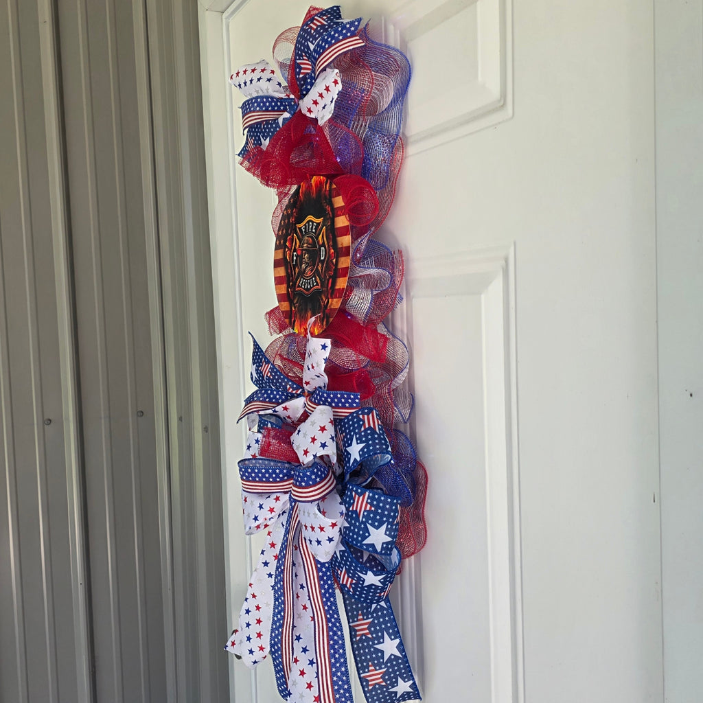 Right side view of Fire and Rescue patriotic door swag