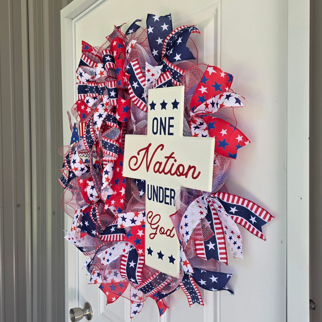 Right side view of One Nation Under God patriotic wreath on door