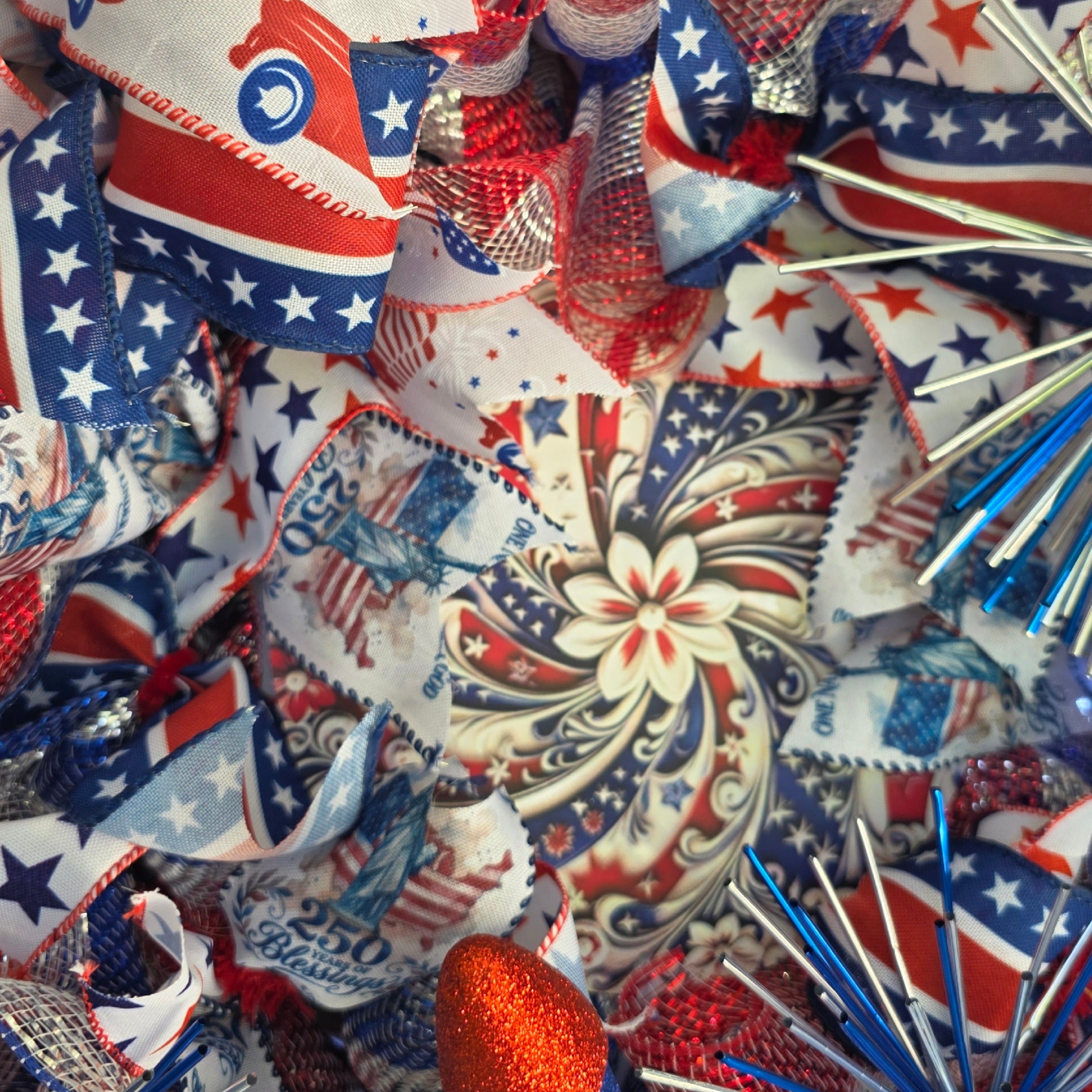 Center sign detail showing patriotic ribbon prints and starburst picks