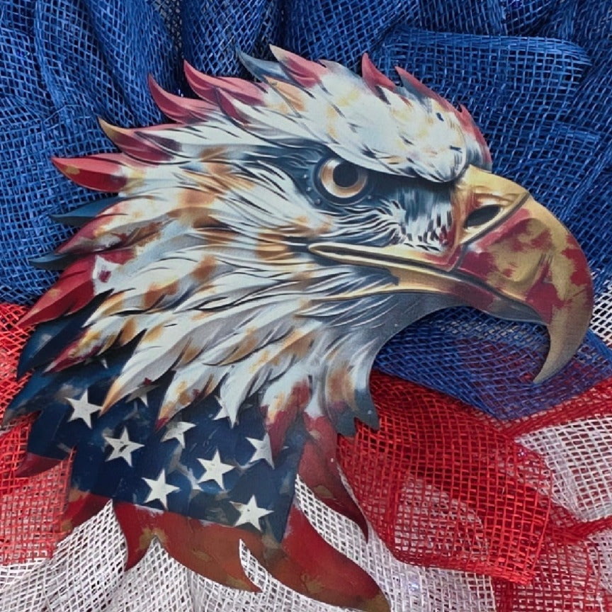 Metal bald eagle center sign with flag-inspired paintwork detail