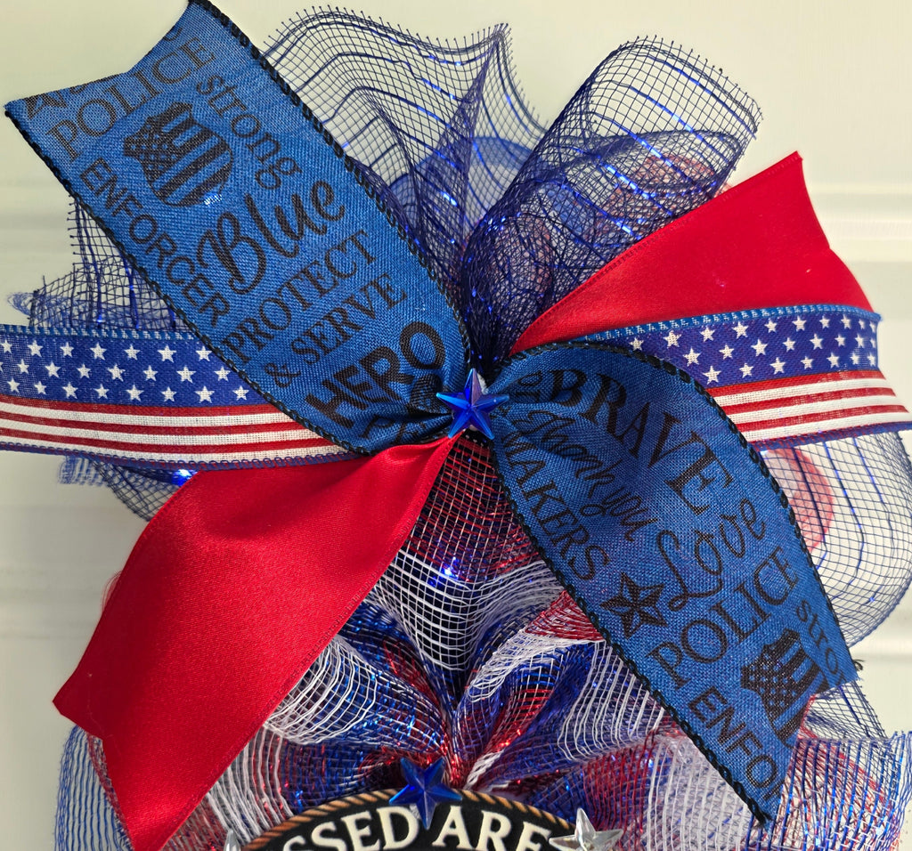 Top ribbon detail showing law enforcement word ribbon and American flag stripe ribbon